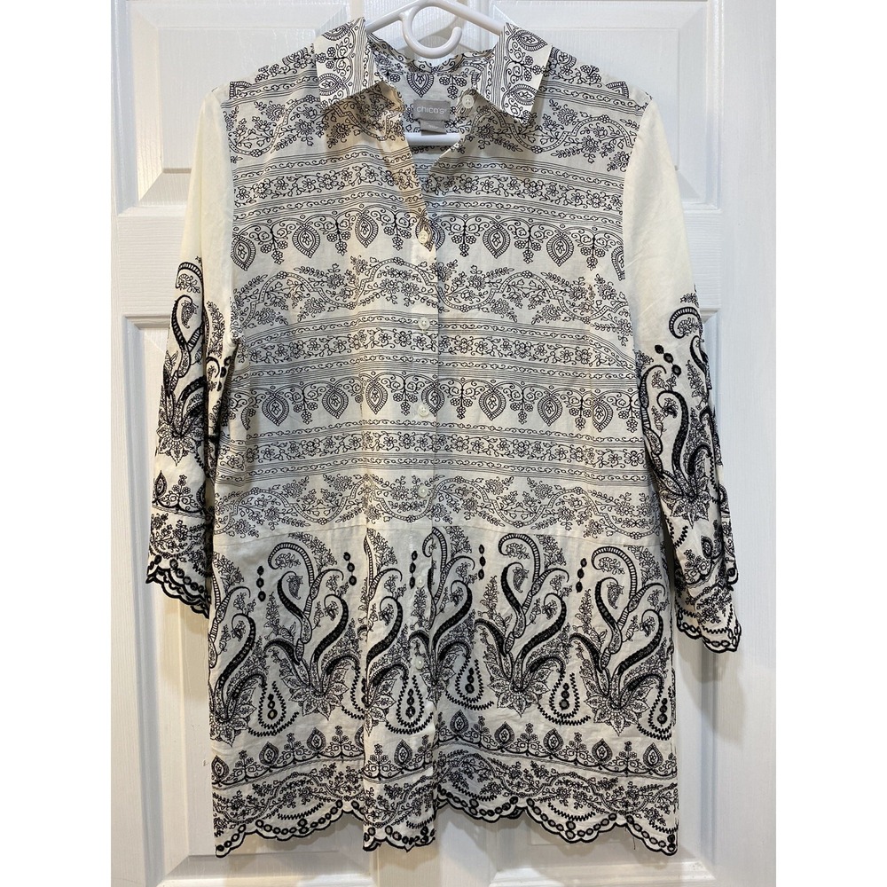 Chico's Button Front Collared Shirt Paisley With Scalloped Trim Women's Size 1